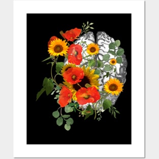 Poppie sunflowers Color human brain watercolor Posters and Art